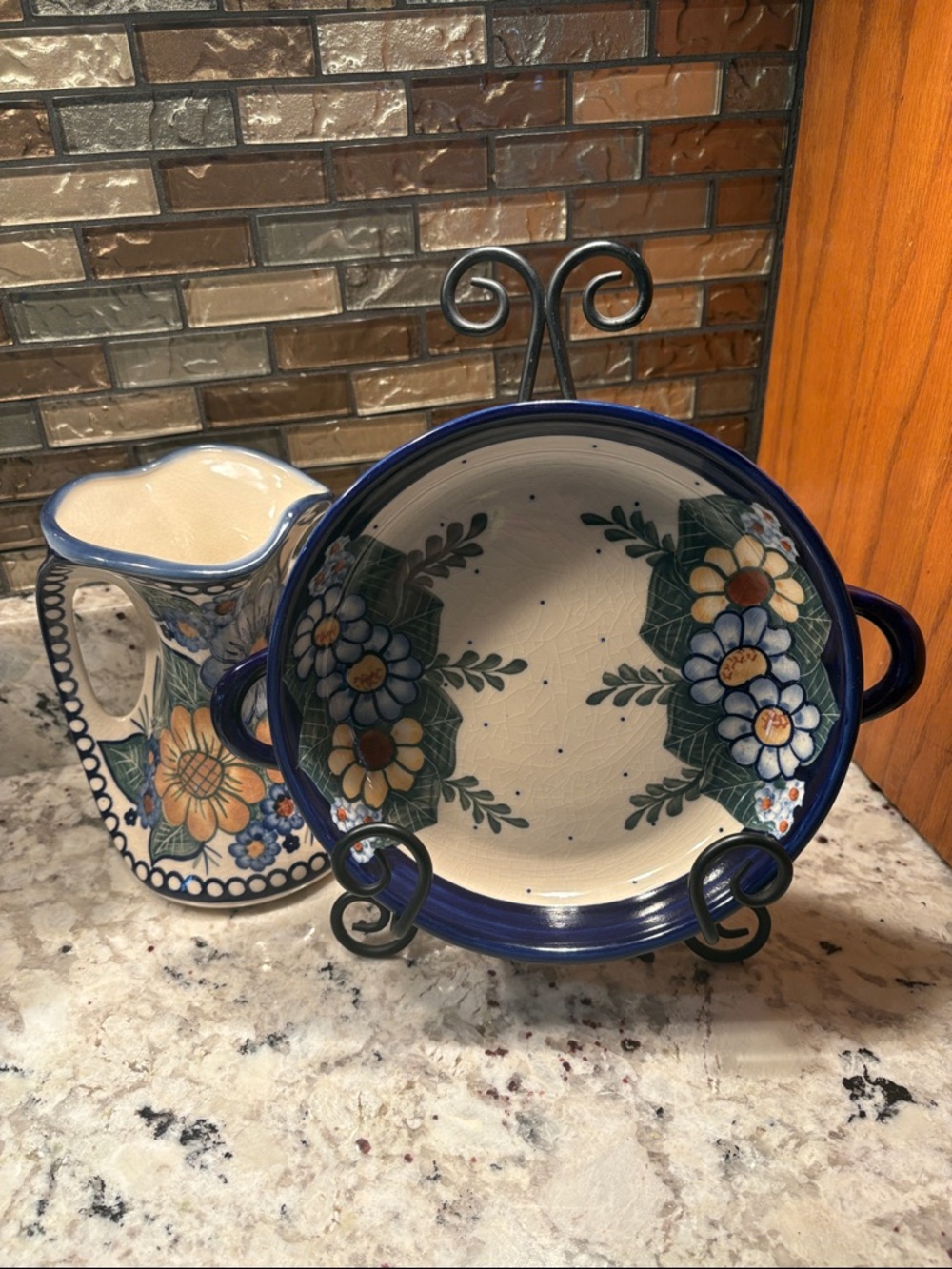 Unik Cream Ceramic Plate with Blue Handwritten Mark and Brown Studio Stamp